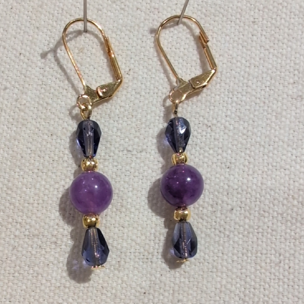 Handmade Gold & Purple Jade & Czech Glass Drop Earrings Hypoallergenic